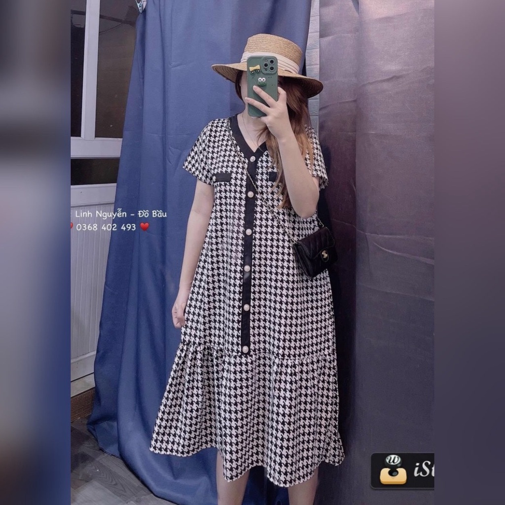 Đầm Bầu Váy Bầu Công Sở Mùa Hè Lịch Sự Xinh Xắn Dáng Suông Họa Tiết Kẻ Zigzag Đi Làm Đi Chơi HD2869 Honey Mommy