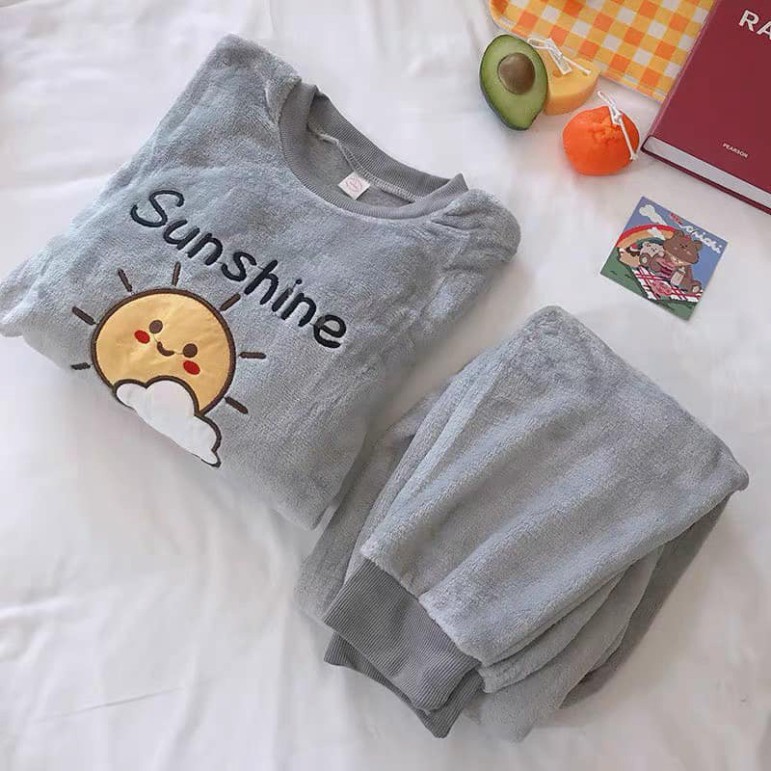 Set bộ ngủ lông gấu thêu chữ sunshine, đồ ngủ nỉ bông nữ mặc nhà thu đông dài tay siêu ấm họa tiết đáng yêu, Tjt Còi 1 | BigBuy360 - bigbuy360.vn