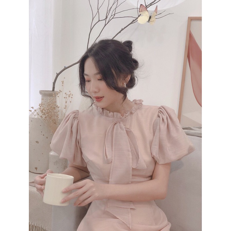 Đầm thiết kế tơ ánh kim DONNA chính hãng dự tiệc Peony xinh xắn màu hồng da làm sáng da