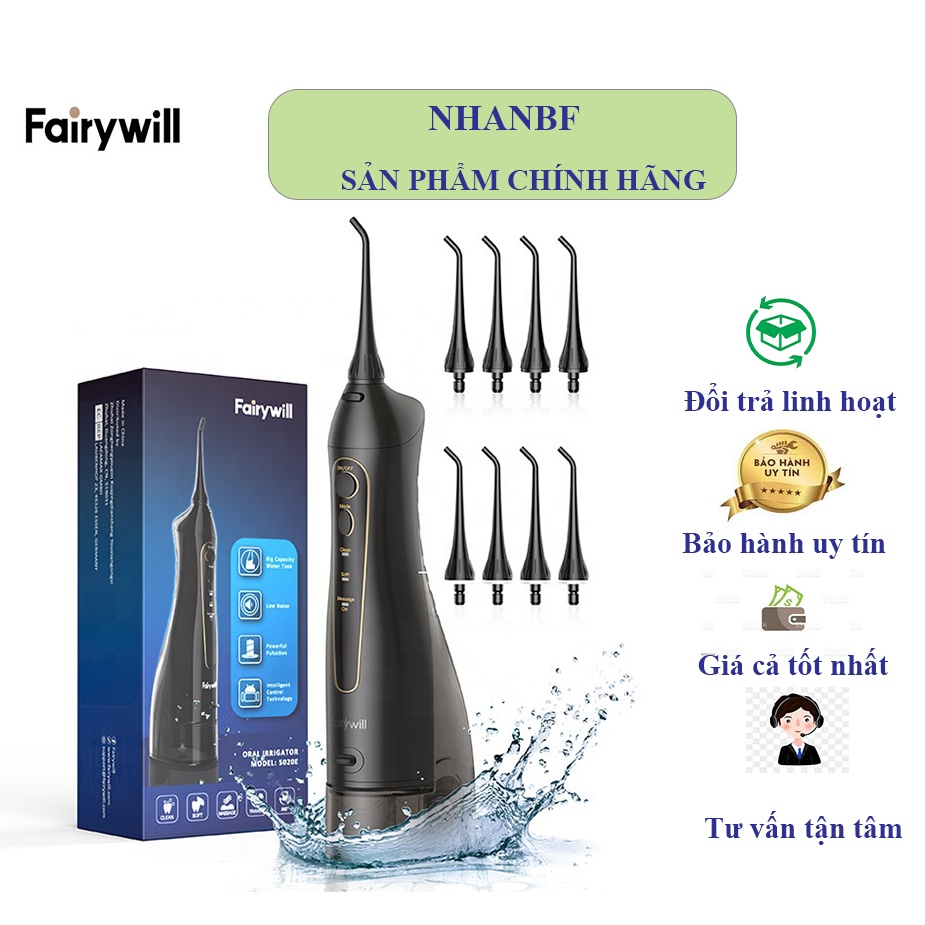 Máy tăm nước Fairywill xuất USA nhỏ gọn, 8 đầu tăm màu trắng