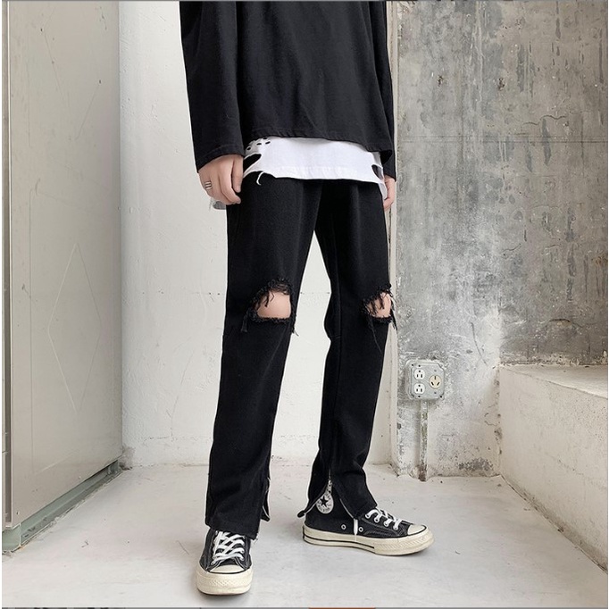 Quần jean nam màu đen 221 ống suông rách gối pon.mens hà nội hcm