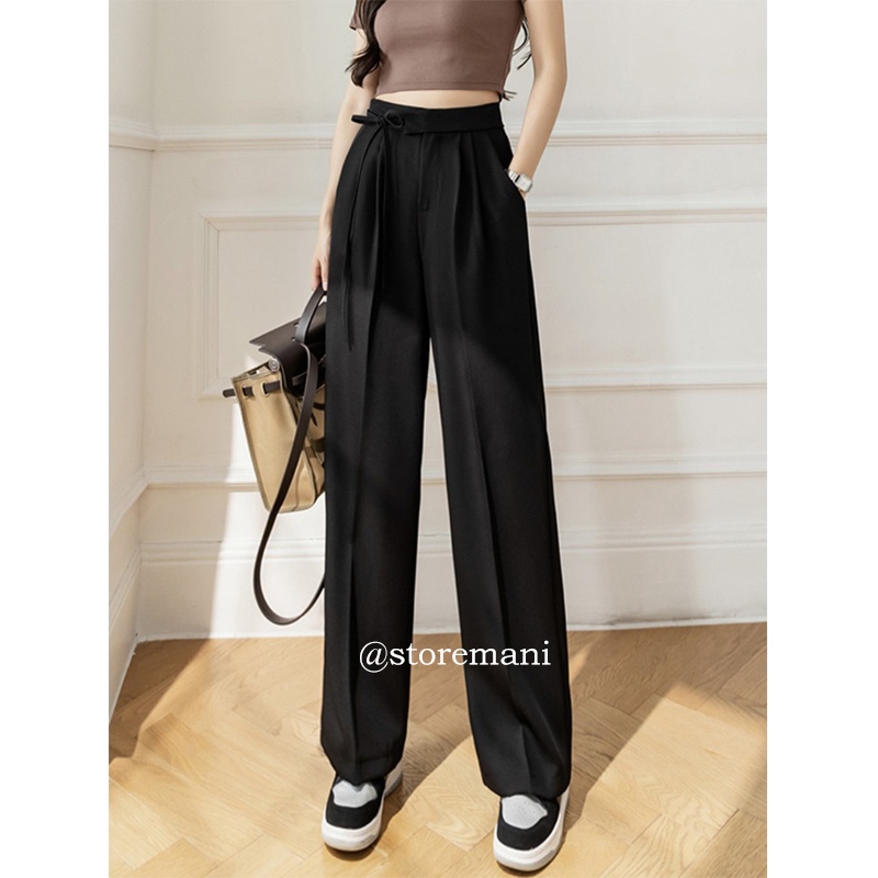 Quần ống rộng nữ lưng cao thắt dây nơ 1 bên kiểu quần culottes ống suông dài màu đen nâu trắng mặc đi học làm cực đẹp