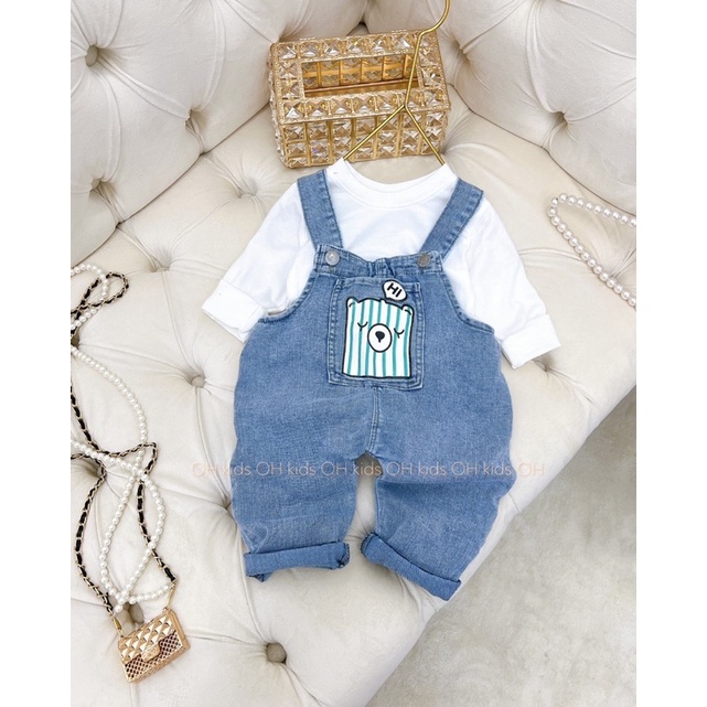 SETB21 - SETB22 Yếm Jean Kèm Áo Thun Cotton Dài Tay In Gấu - mickey Cho Trẻ 6kg Đến 15kg