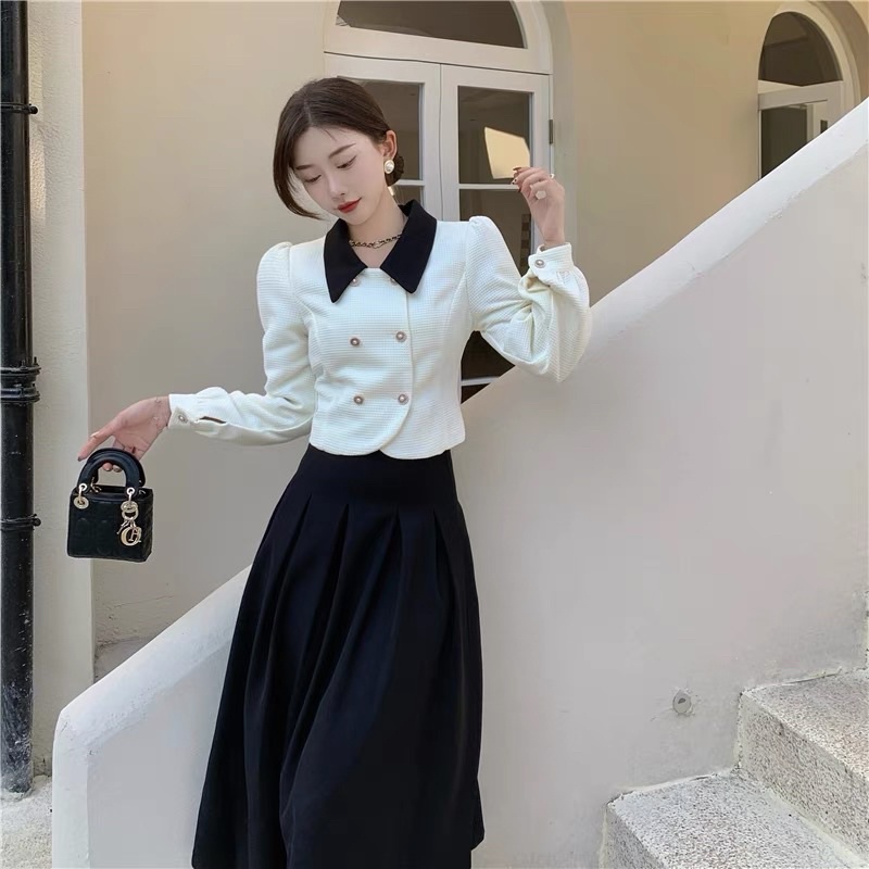 Set chân váy áo cổ bẻ tay bồng
