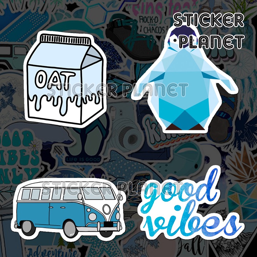 Bộ sticker chống thấm nước trang trí mũ bảo hiểm, đàn, guitar, ukulele, điện thoại laptop chủ đề màu xanh dương