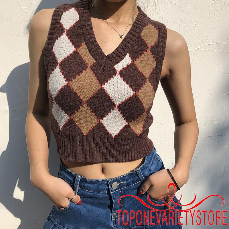 Áo sweater không tay cổ V họa tiết sọc caro thời trang quyến rũ cho nữ