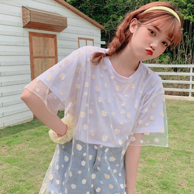 Summer Women Short Sleeve O-Neck Printed Mesh Tee Tops T Shirt Loose Daisy Tops | BigBuy360 - bigbuy360.vn