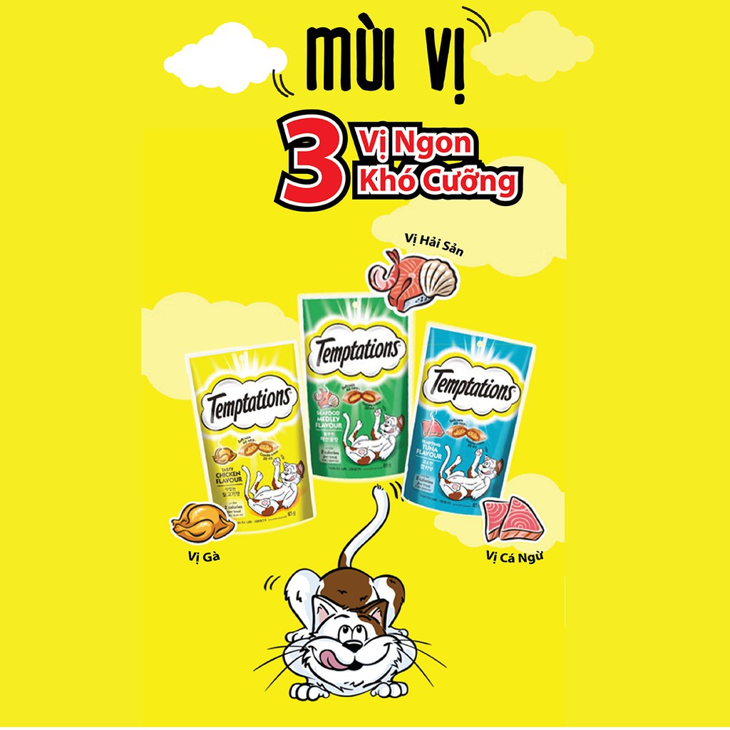 BÁNH THƯỞNG CHO MÈO Temptations Dạng Viên Vị Hải Sản gói 85g Xuất xứ Thái Lan - Pet shop Uytinpro