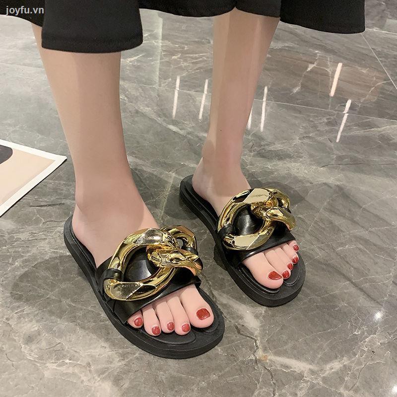 Net celebrity fashion metal chain flat sandals slippers women summer wear new year thick bottom one word