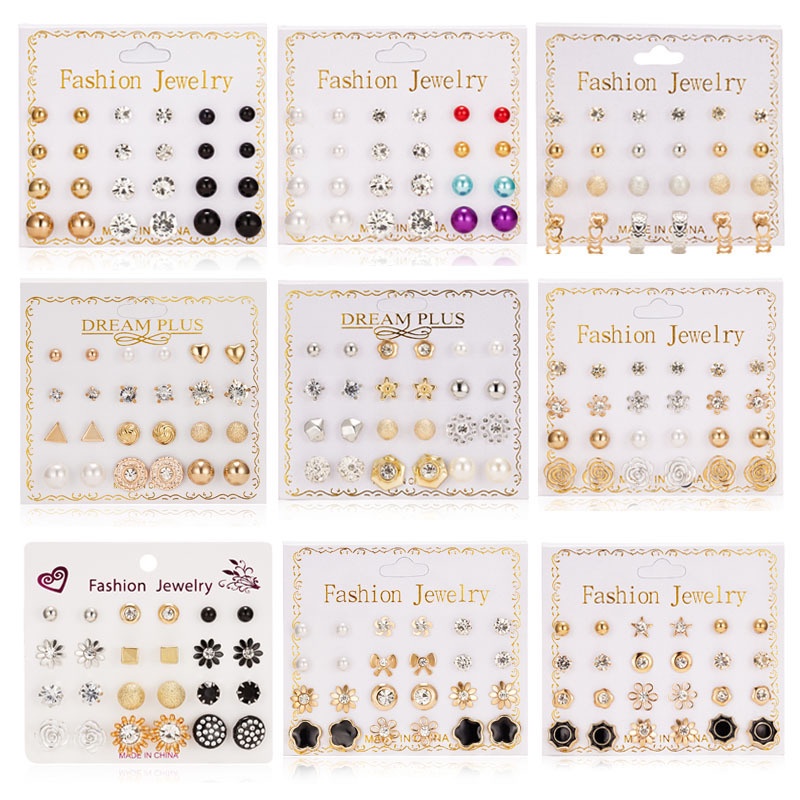 Set 12 Cặp Bông Tai Nơ Hoa Đính Đá zircon Thẻ Giấy Bán Trực Tiếp Chất Lượng Cao