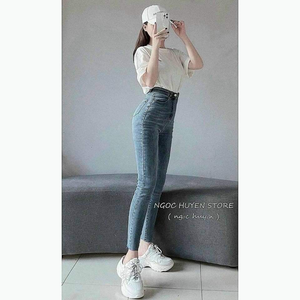 Quần jean nữ lưng cao co giãn có túi, quần bò cạp cao skinny jeans bigsize trơn dài basic