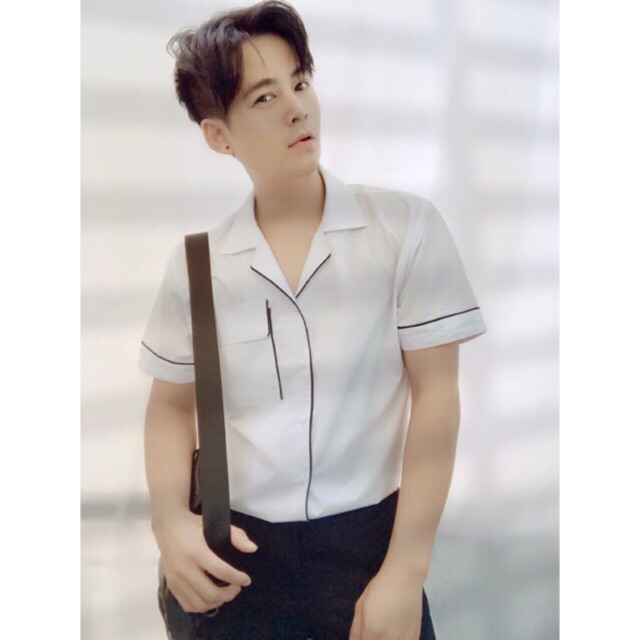 Sơ mi pijama trắng phối viền form rộng