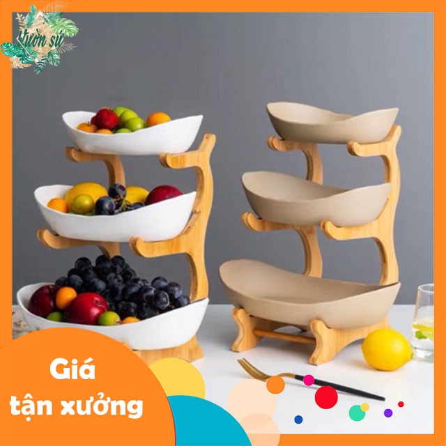 Khay sứ kèm giá gỗ 3 tầng để hoa quả, bánh kẹo - VS235