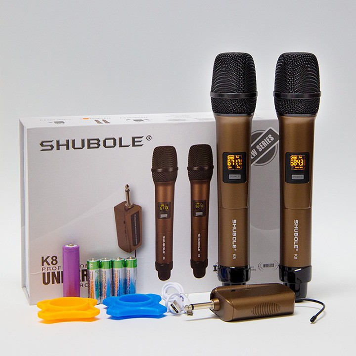 Micro Không Dây - Micro Karaoke Shubole K8 - 2 Mic - Chuyên Dụng Cho Loa Hoặc Amply - Hàng chính Hãng