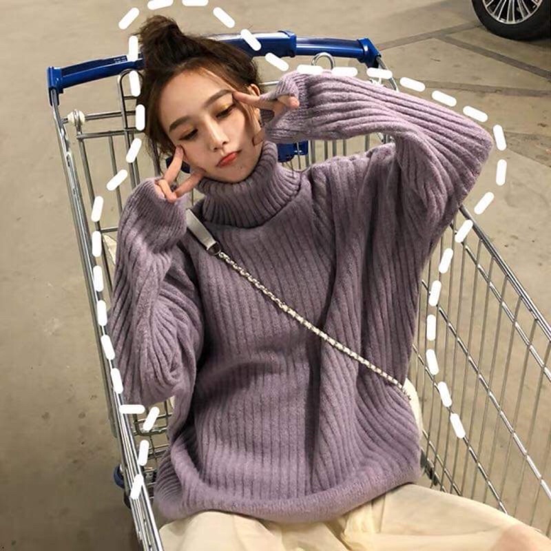 Áo len unisex cổ lọ màu tím nhạt len dày dặn cao cấp