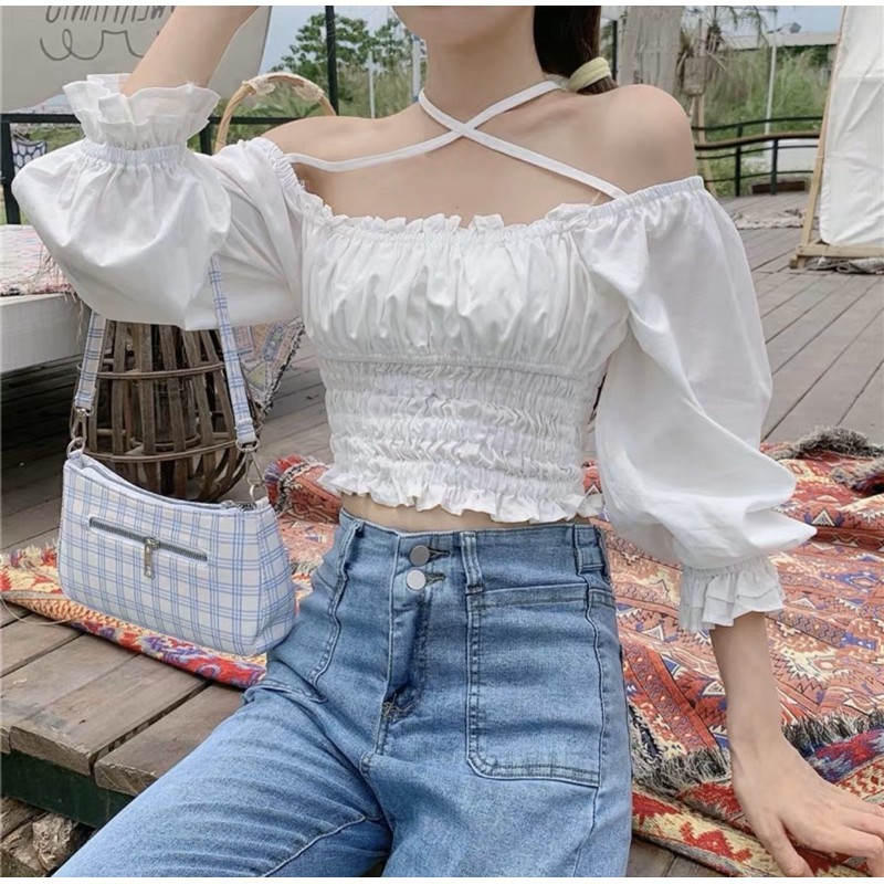 Áo croptop trắng trễ vai buộc dây cổ, Áo croptop trắng trễ vai bèo sang chảnh phong cách Hàn Quốc | BigBuy360 - bigbuy360.vn