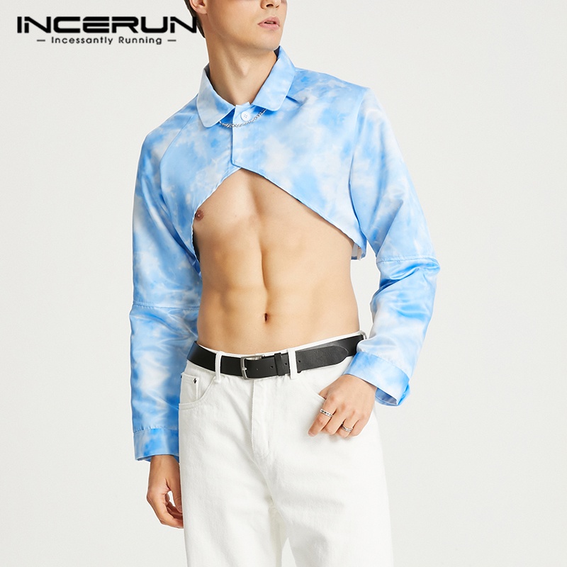 Áo sơ mi croptop INCERUN tay dài màu xanh nhuộm thời trang cho nam