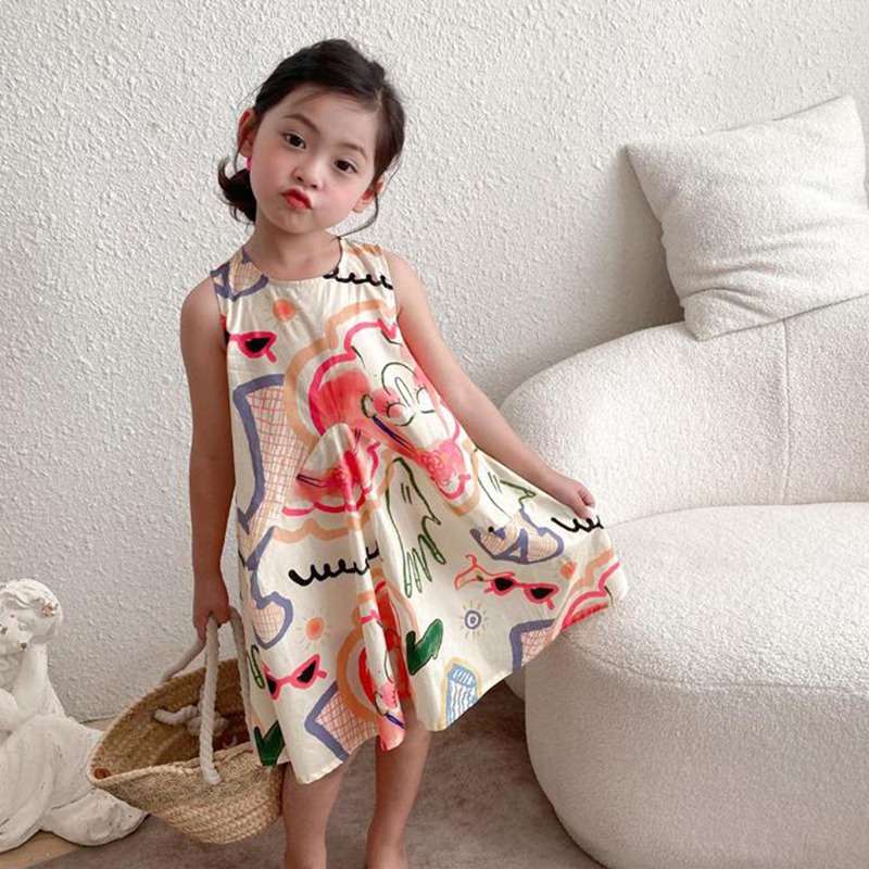 Đầm Sát Nách Cổ Tròn In Họa Tiết Graffiti Phong Cách Hàn Quốc Thời Trang Mùa Hè Cho Bé Gái