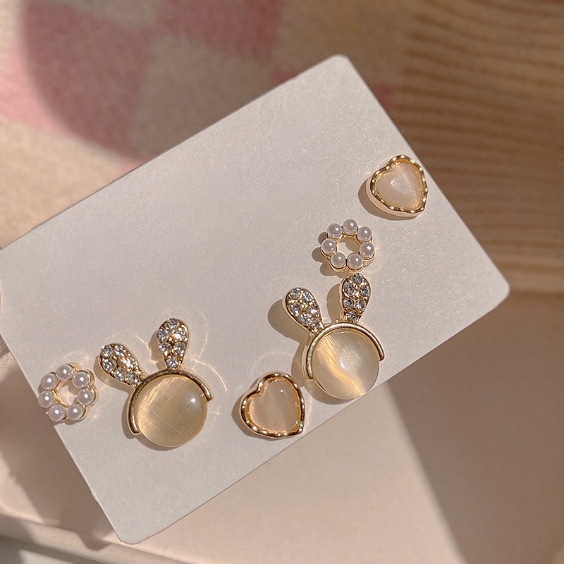 Bộ Sáu Khuyên Tai Đính Đá Opal Hàn Quốc Dễ Thương Hình Học Cho Nữ