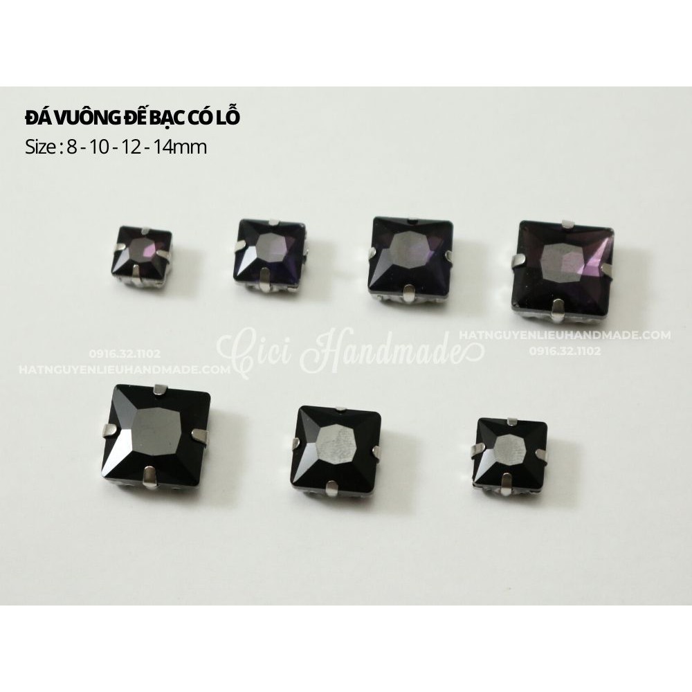 Set 10 hạt đá vuông đế bạc có lỗ khâu size 8mm và 10mm Cici Handmade chuyên pha lê cườm trang sức