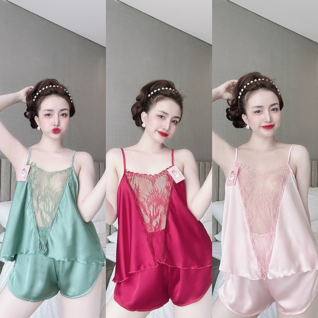 Đồ ngủ sexy 2 dây gợi cảm chất lụa satin phối ren mềm mịn, mặc ngủ thoải mái Freesize 40-57kg - Linqustore
