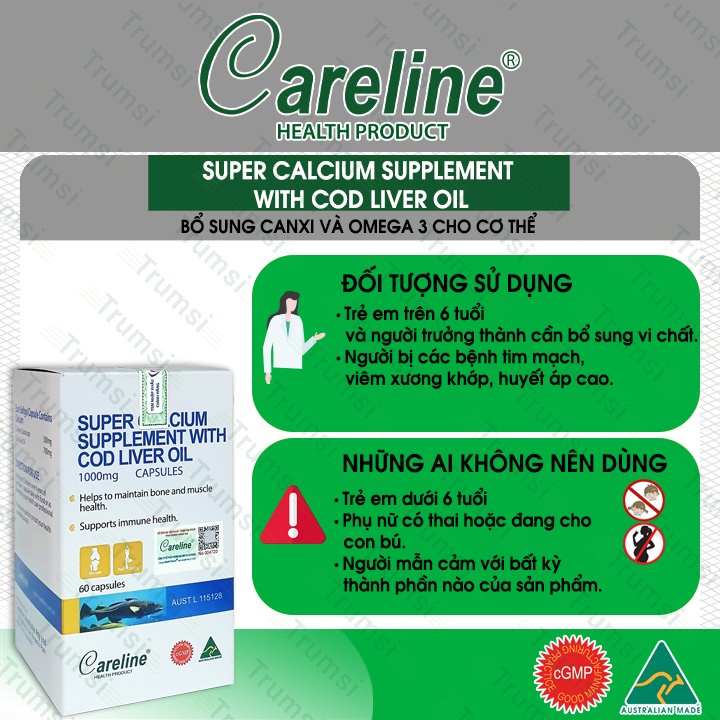 Viên bổ sung canxi và omega 3 Careline Super Calcium Supplement With Cod Liver Oil 1000mg giúp giảm đau nhức xương khớp