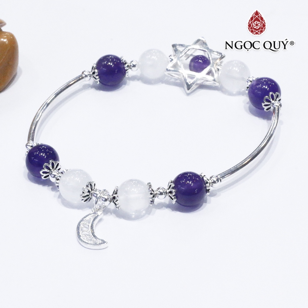 Vòng TA ưu linh trắng phối TA tím charm bạc - Ngọc Quý