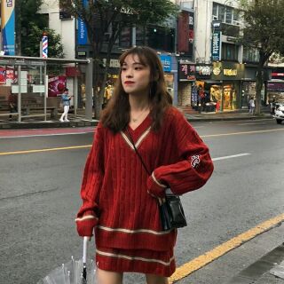 Set áo len cổ V mix chân váy len ulzzang