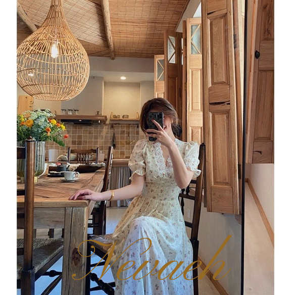 Đầm midi Mỏng Mùa Hè Hai Màu Bạc Cổ Chữ V In Họa Tiết Hoa Phong Cách Pháp Cổ Điển Cho Nữ
