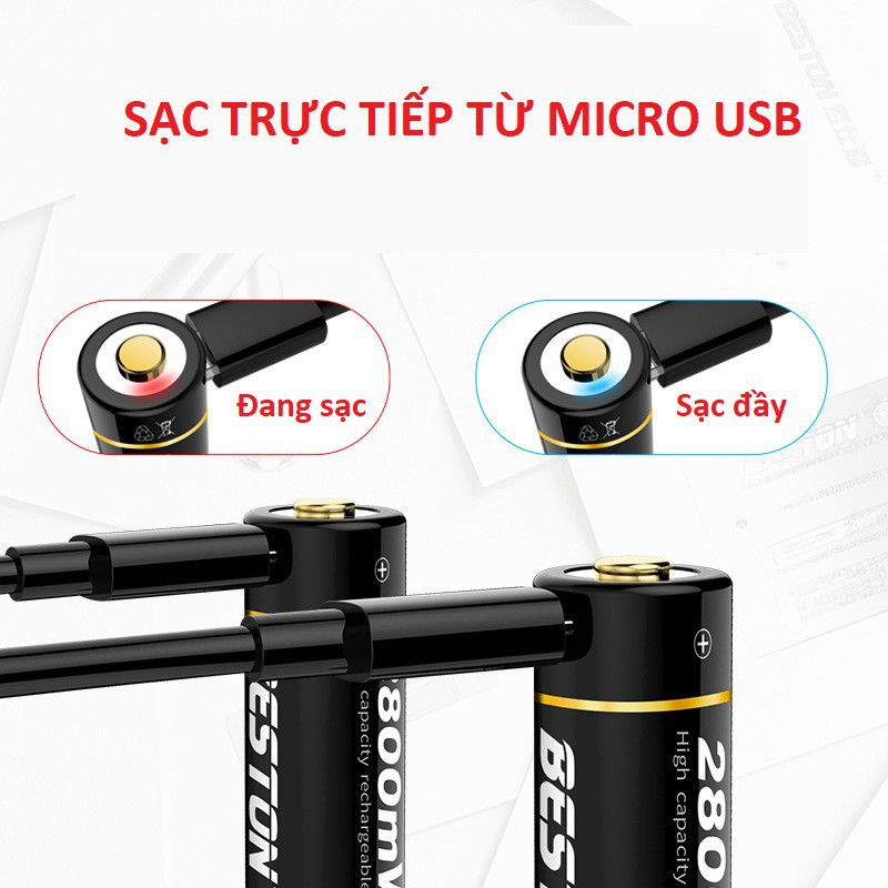 Pin tiểu sạc AA  Free Ship  Pin sạc AA 2800mWh sạc bằng Micro USB - Mua 2 viên tặng cáp sạc 2 đầu trị giá 70k