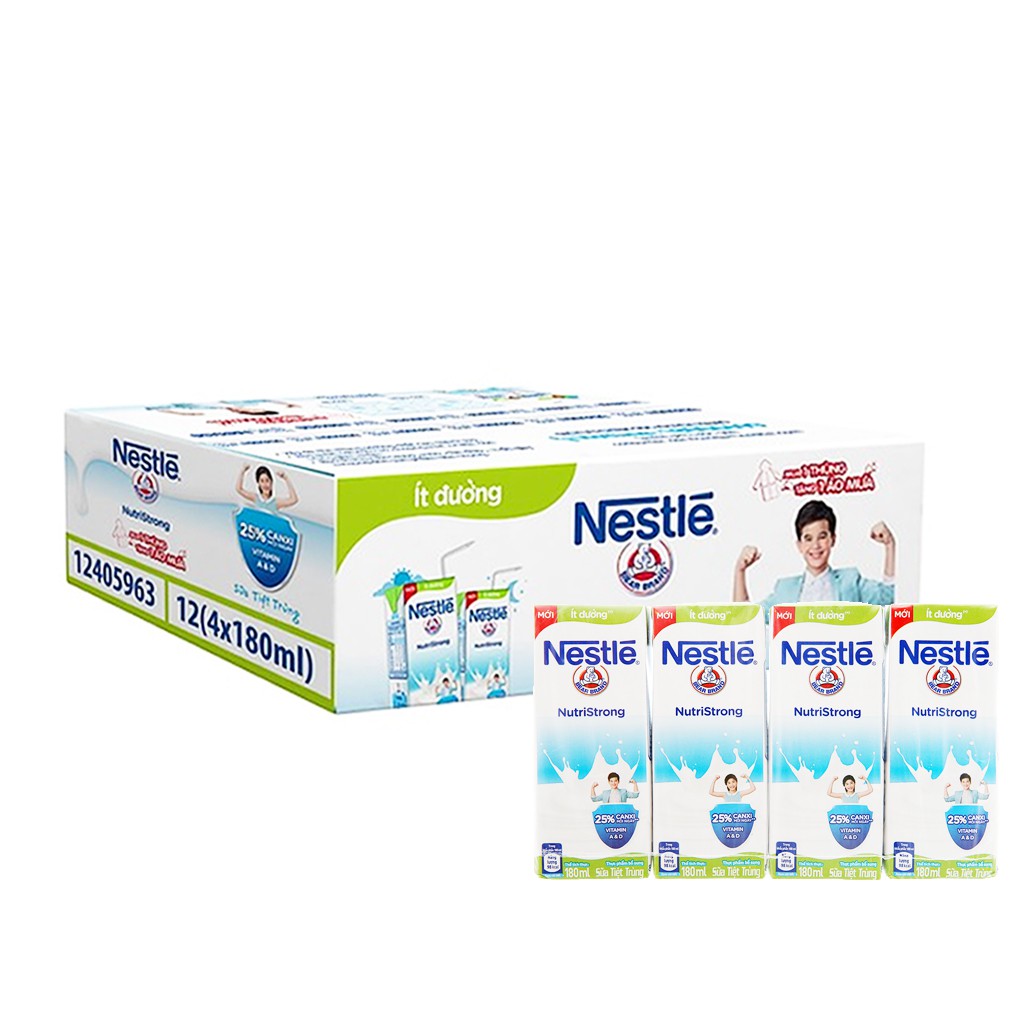 (Nhiều vị) Thùng 48 hộp sữa tiệt trùng Nestlé NutriStrong 180ml (ít đường/có đường/ việt quât/ trái cây)