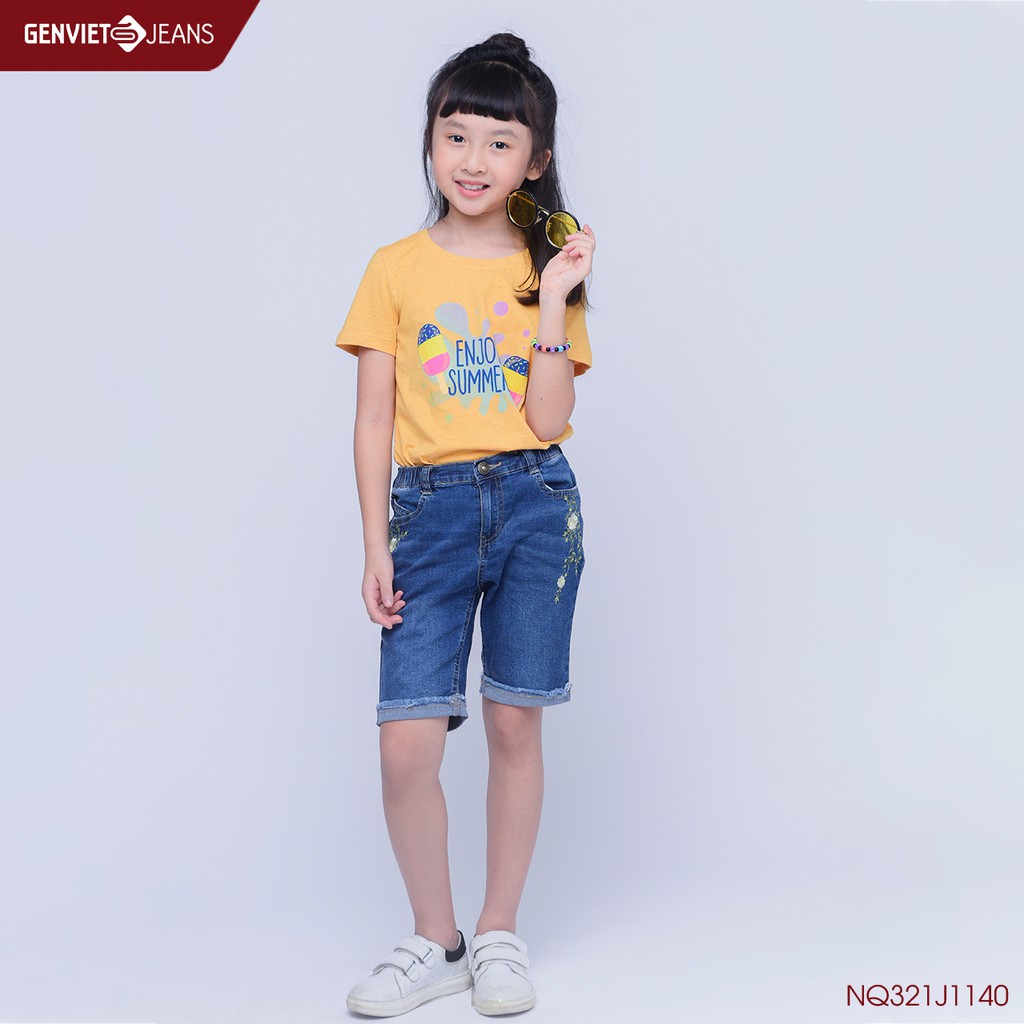 Quần Ngố Jeans Thêu Hoa Bé Gái GENVIET NQ321J1140