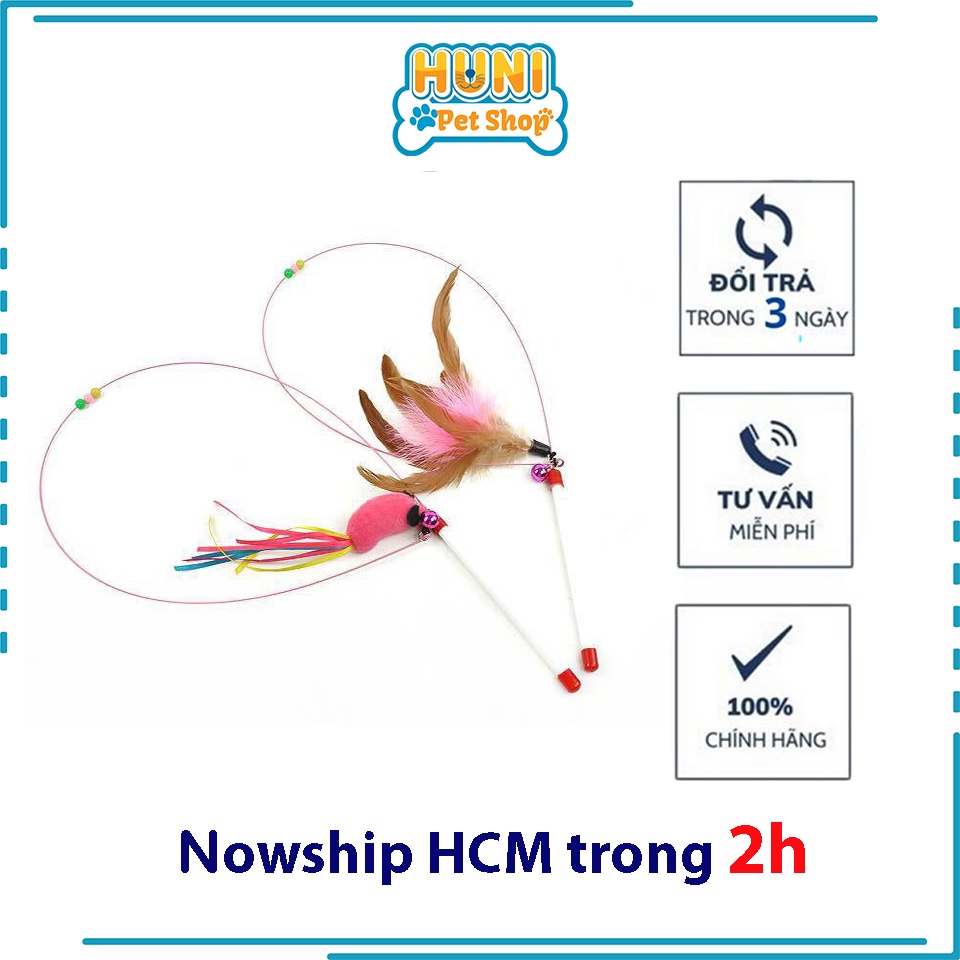 Đồ chơi cho mèo Cần câu mèo dây thép dẻo và lông vũ, con cá cho mèo vờn bắt, thư giãn Huni pet shop