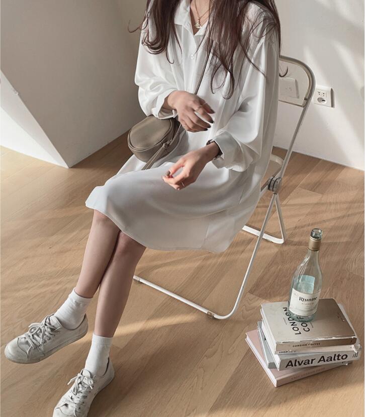 SUXI Đầm Sơ Mi Trắng Dài Tay Phong Cách Hàn Quốc Dành Cho Nữ