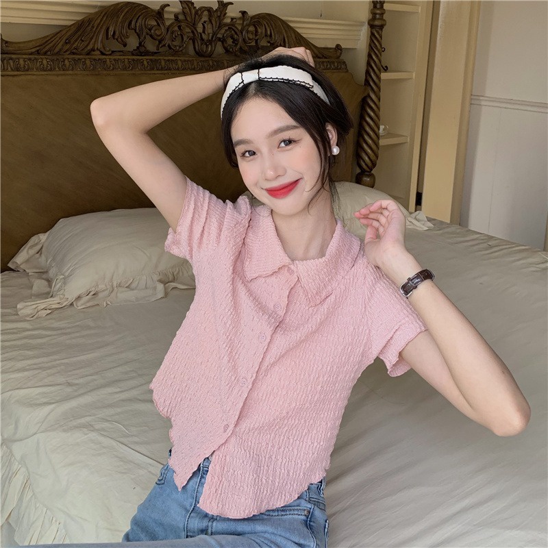 Áo Sơ Mi Ngắn Tay Cổ Bẻ Xếp Ly Thời Trang