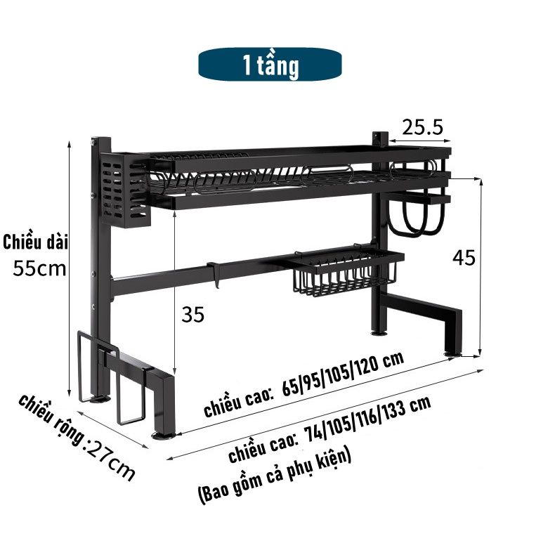 Kệ Để Bát Đĩa Đa Năng Thông Minh - 2 TẦNG - Giá Để Đồ Chén Đĩa Trên Bồn Rửa Bát Thép Carbon Sơn Đen Cao Cấp