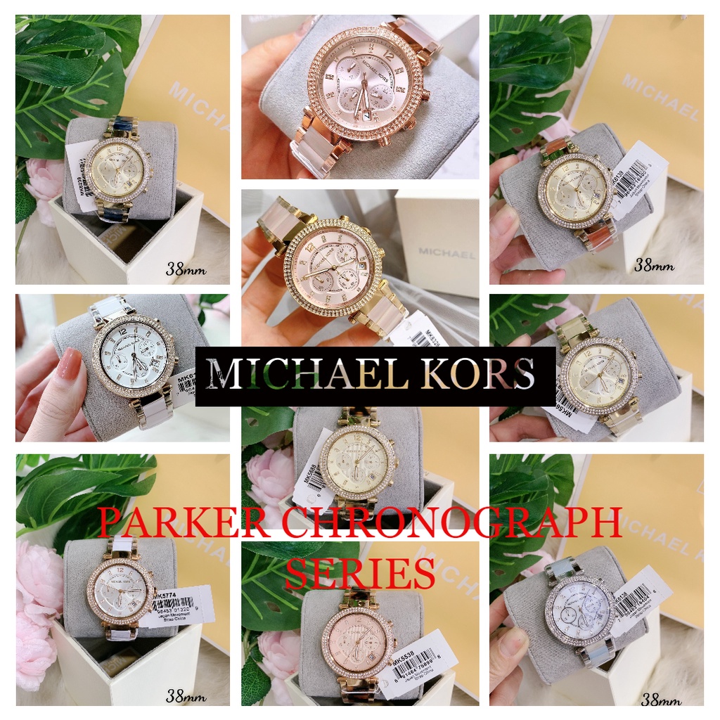 Đồng hồ nữ michael kors parker , dây thép + nhựa acetate , viền nạm đá , size 38mm