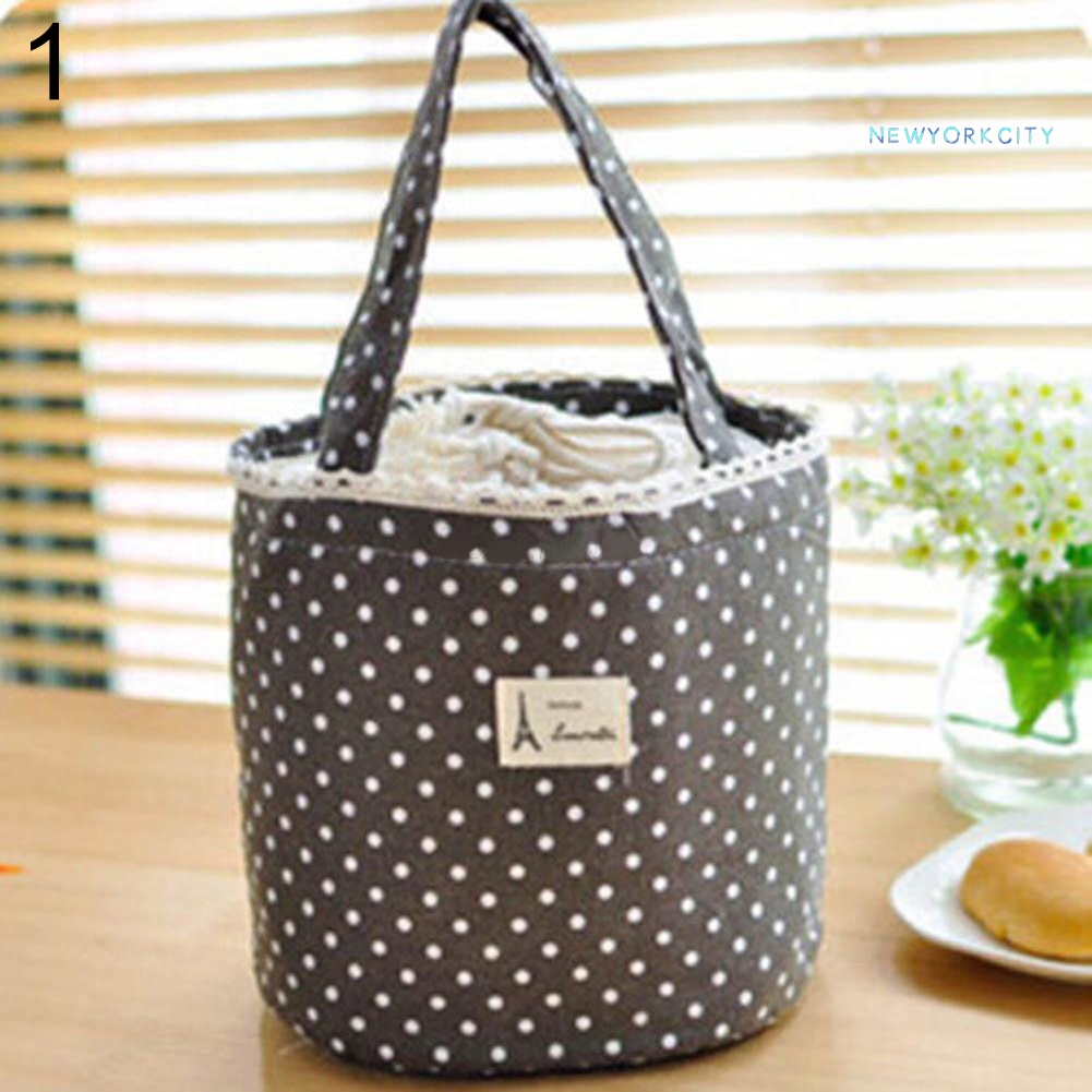 Túi Đựng Cơm Trưa Cách Nhiệt Bằng Vải Cotton Lanh Họa Tiết Chấm Bi Có Dây Rút