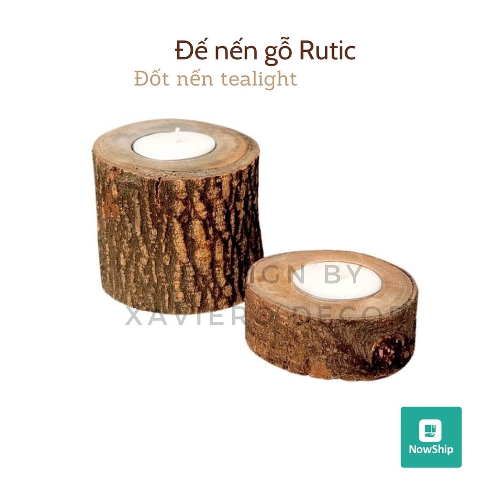 Cốc nến thờ gỗ rutic tặng kèm nến, chân đế đựng nến tealight trang trí khúc cây tự nhiên xaviero decor