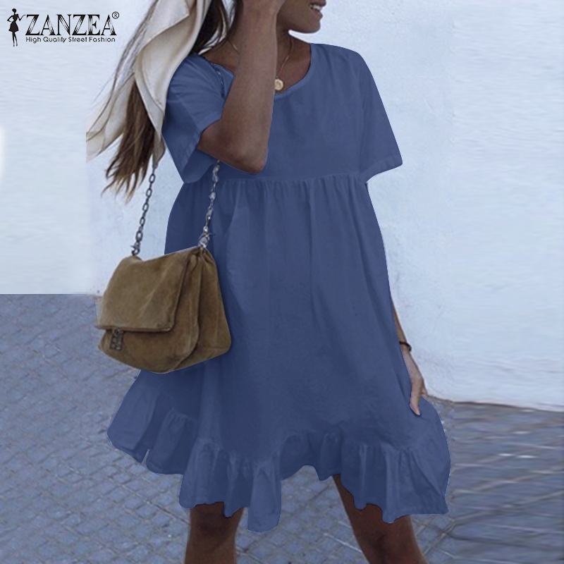 Đầm Mini ZANZEA Tay Ngắn Xếp Tầng Lai Xếp Nếp Đơn Giản Dành Cho Bạn Nữ
