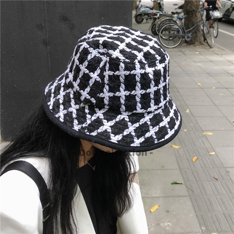 Mũ bucket len Unisex Retro vành ngắn họa tiết Houndstooth &amp; Caro thu đông phong cách Nhật Bản - Mã NV038
