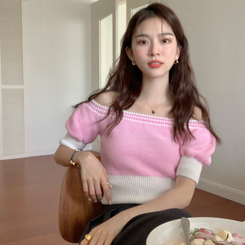 QKOOLE  Áo croptop Dệt Kim Tay Ngắn Hở Vai Thời Trang Hàn Quốc Dành Cho Nữ