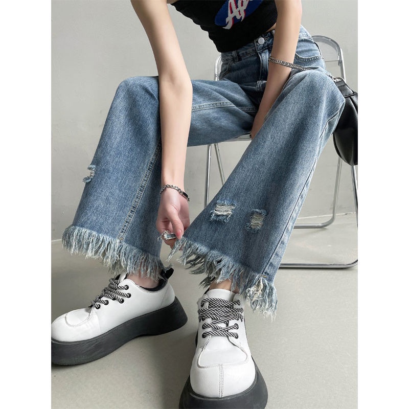 Jiashucheng Quần Jean Nữ Ống Rộng Lưng Cao Phối Tua Rua Phong Cách Harajuku Đường Phố