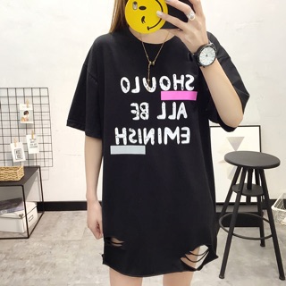 Áo thun form dài big size in chữ lai rách phong cách trẻ trung size lớn 70-80kg