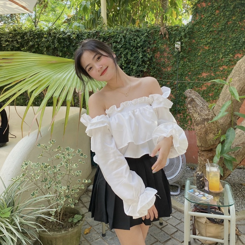 Áo trễ vai nữ croptop tiểu thư màu trắng phiên bản đặc biệt mùa hè 2022 Kozoda Sm73