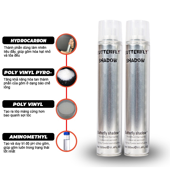 Gôm xịt tóc nam BUTTERFLY SHADOW 320ML, Gôm bạc giữ nếp tạo kiểu nam nữ Lamyra