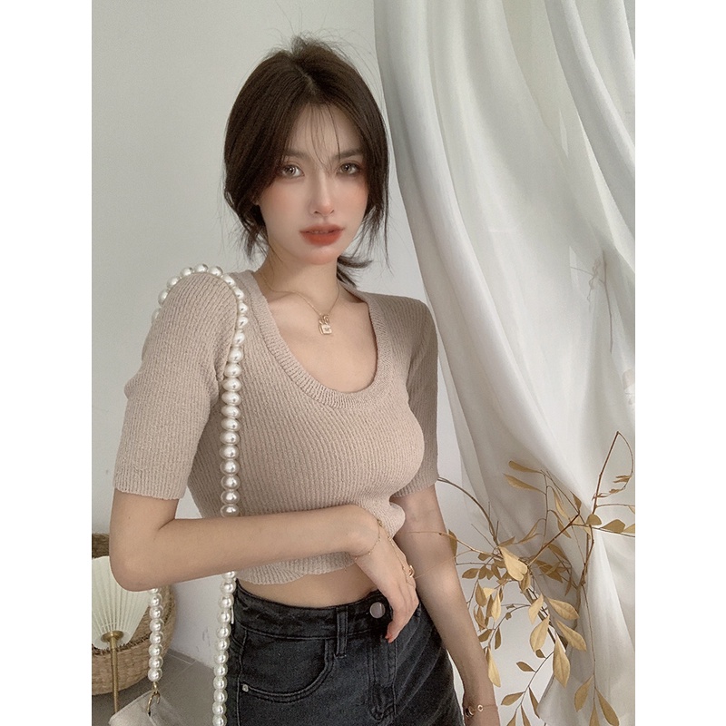 QADCOL  Áo Thun Croptop Tay Ngắn Cổ Chữ U Eo Cao Thời Trang Cho Nữ