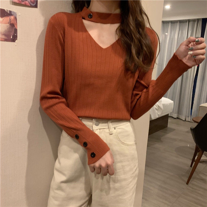Áo Sweater dệt kim tay dài cổ chữ v thiết kế trẻ trung cá tính