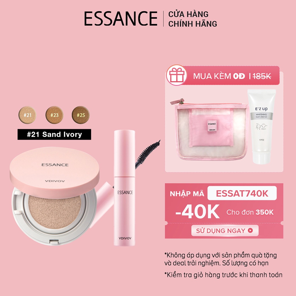Combo Phấn nước mịn lâu trôi mờ khuyết điểm Essance Veil Fit Cushion SPF50+ PA+++ và Mascara Essance dày và cong mi