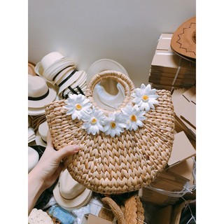 【Hàng sẵn sàng】 [TẶNG HOA CÀI TÓC]Túi/giỏ cói đan lục bình bán nguyệt